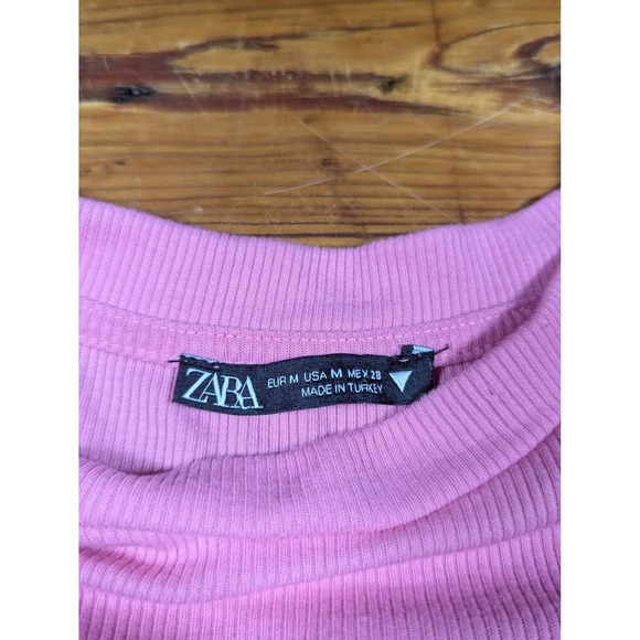 Zara Women's Medium Cropped T-Shirt Pink Ribbed Ruched Drawstring - Picture 3 of 6